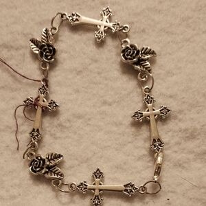 Ornate Silver Charm Bracelet with Crosses and Floral Accents